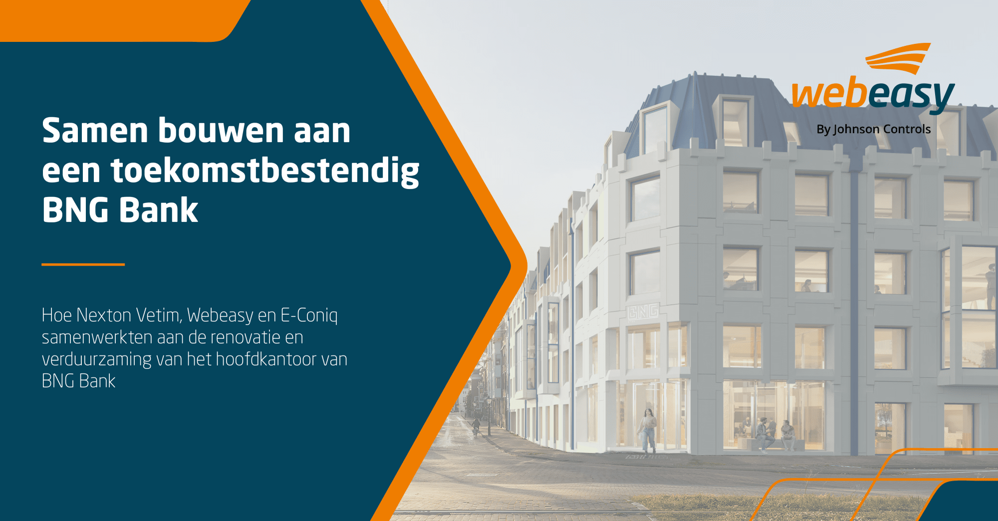 Overzichtsbeeld van de renovatie en verduurzaming van het hoofdkantoor van BNG Bank in Den Haag, waarbij Vetim, Webeasy en e-coniq samenwerkten aan de integratie van gebouwinstallaties, duurzame energieopwekking, klimaatbeheersing, verlichting en technische infrastructuur voor een toekomstbestendige werkomgeving.